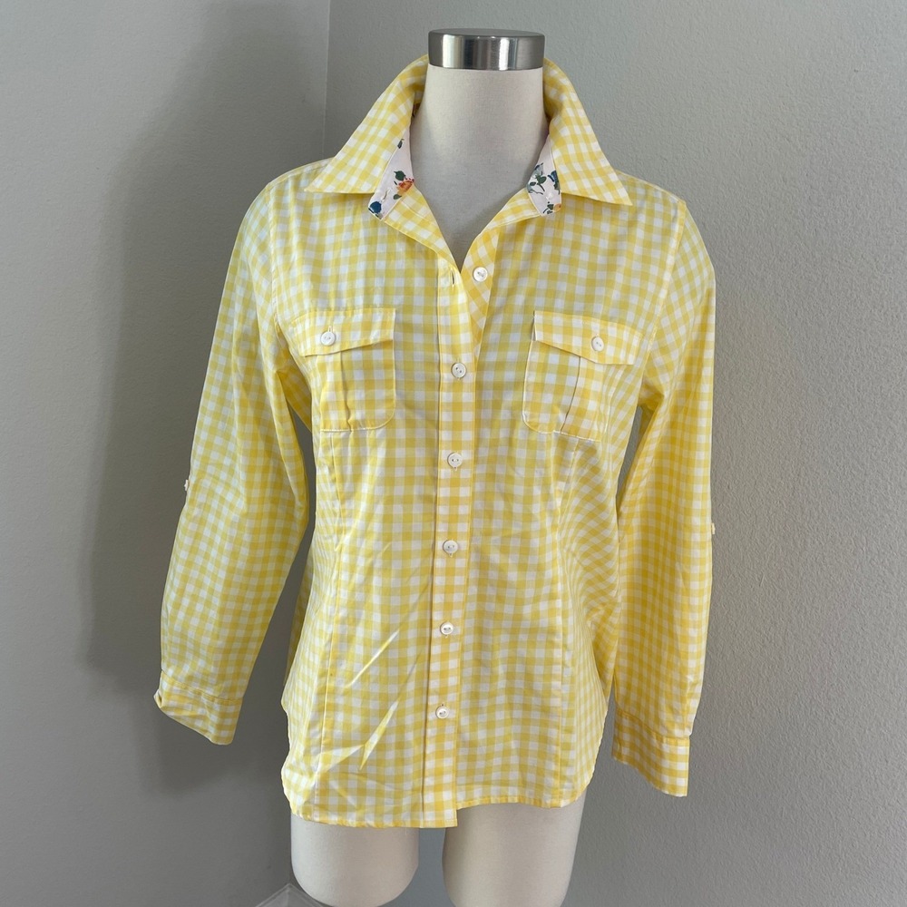Foxcroft Womens 12P Yellow Gingham‎ Wrinkle Free Fitted Roll Tab Button Up Shirt